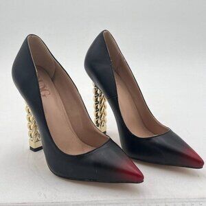 Black Gold Metal Chain Chunky High Heel Pointed Toe Party Prom Pumps
